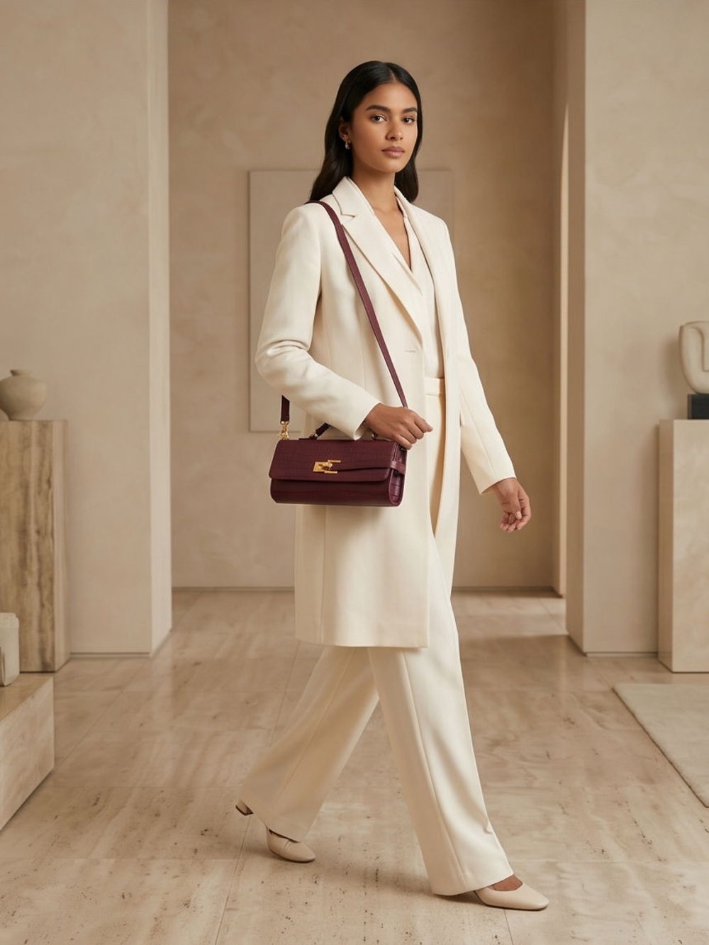 Structured Top-Handle Croc-Embossed Bag in Burgundy - Picture 3 of 6